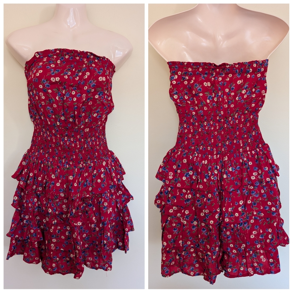 Patrons Of Peace Red Floral Strapless Dress Medium